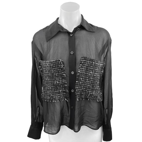 Zara Black Chiffon Tweed Pockets Long Sleeve Collar Sheer Blouse Shirt Top Sz S - Picture 1 of 9